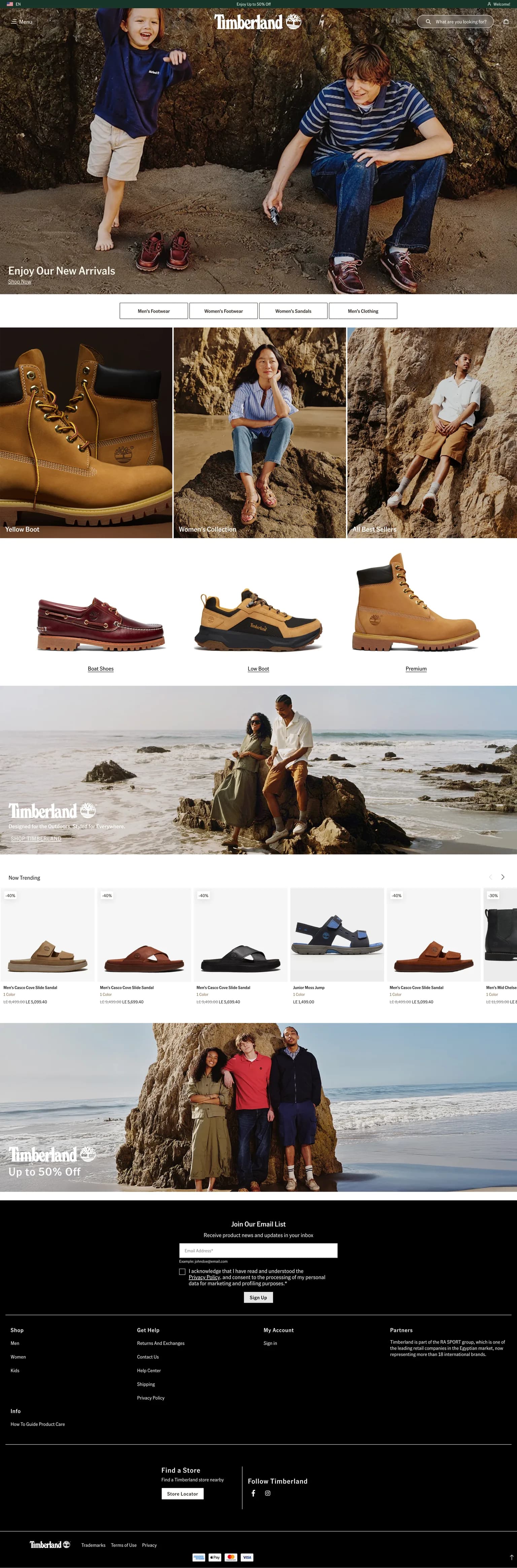 English full-page preview of the Timberland Egypt Shopify storefront