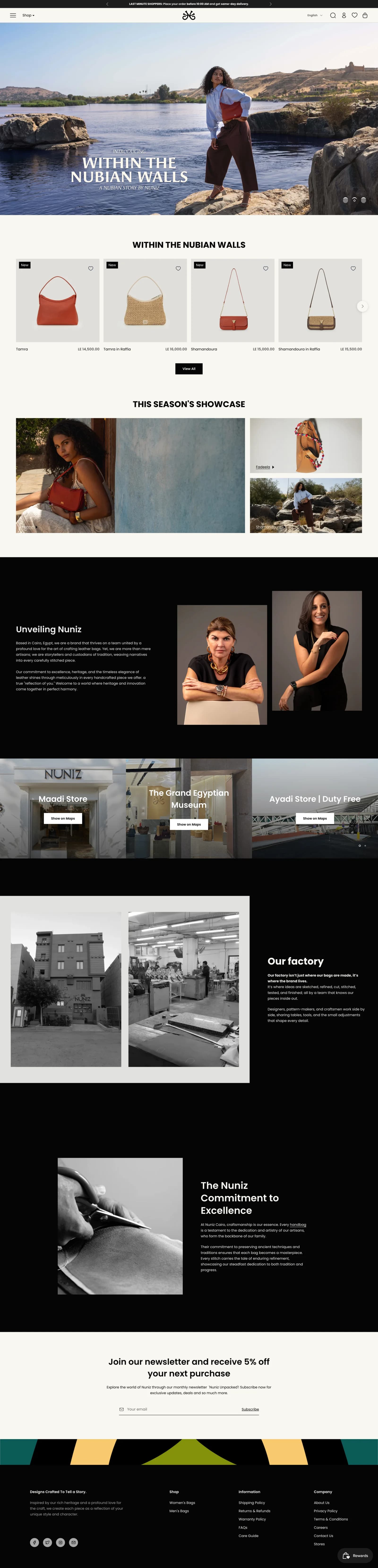 Full-page preview of the Nuniz Cairo Shopify storefront — scroll to explore the homepage